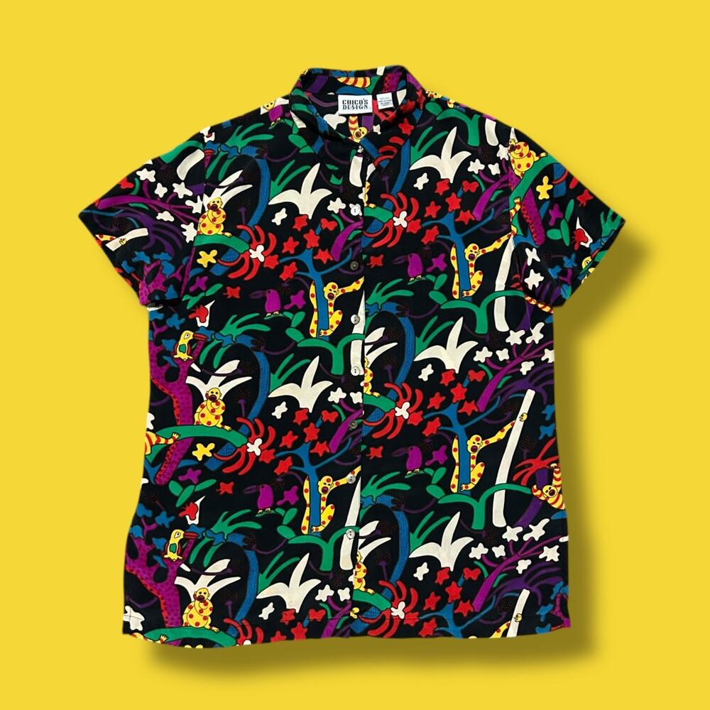Vintage Psychedelic Monkey Silk Blouse Chicos 80s 90s Button Up Top Size 2
